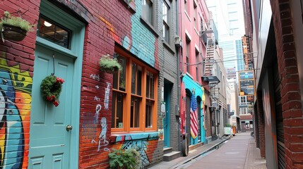 Fototapeta premium Random street view, one of the buildings has an american flag painted in graffiti style on its firewall. 