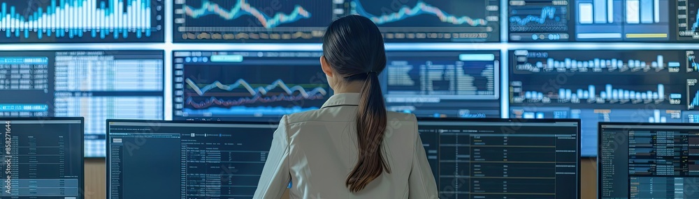 Poster a woman analyzing financial data and stock market trends on multiple computer screens in a modern of