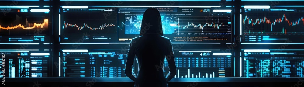 Poster silhouette of a person analyzing data on multiple monitors in a futuristic control room, depicting t