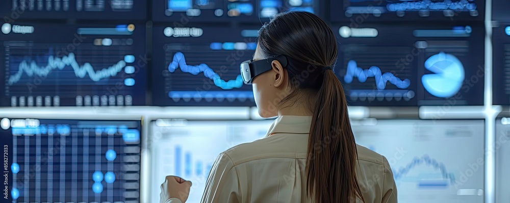 Poster A woman analyzing data on multiple screens in a futuristic command center, demonstrating technology and data analysis capabilities.