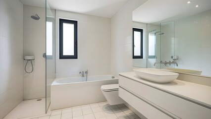 spacious modern white bathroom with a bathtub and natural lighting, ideal for serene home interiors and contemporary bathroom designs