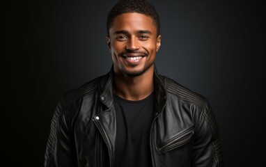 Obraz premium A man wearing a black leather jacket and a black shirt is smiling. He looks happy and confident