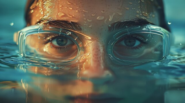 Swimming laps: focused swimmer, lane lines, rhythmic strokes, pool workout