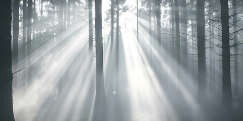 Fog envelops serene forest sunlight pierces mist creating ethereal atmosphere. Concept Nature Photography, Atmospheric Landscapes, Foggy Woodlands, Ethereal Forest Scenes, Serene Sunlight Effects