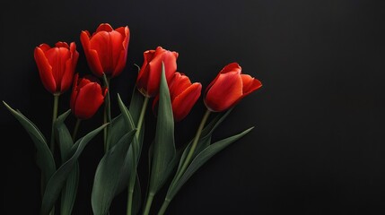 Black background with tulips flowers for Valentine s or greeting card minimalist floral design