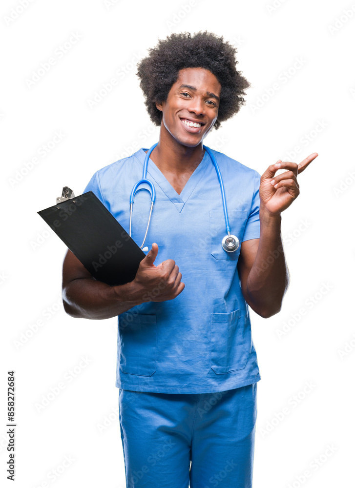 Poster afro american surgeon doctor holding clipboard man over isolated background very happy pointing with