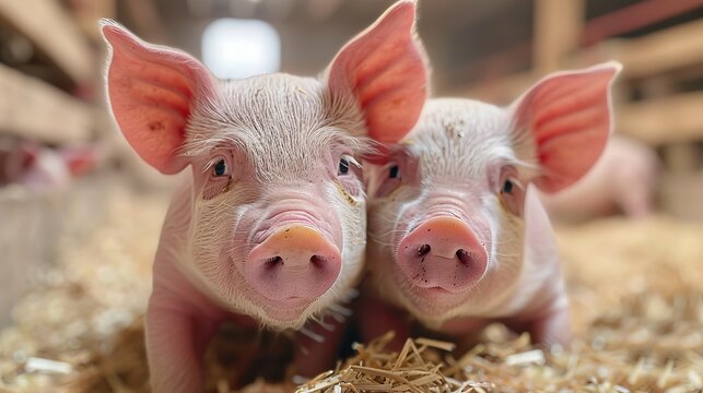A tender moment captured between two piglets cuddled up closely together in hay bedding in a barn, highlighting the bond and warmth shared among farm animals.