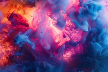 Colorful smoke explosion: a vibrant display of artistic creation with blue, red, and purple blending to form a cosmic pattern. Liquid splashes enhance the fantasy effect