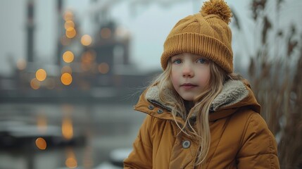 A little girl dressed in a warm coat and hat stands by a snowy industrial landscape, with a curious expression and a mix of innocence and modernity.
