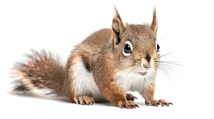 Eurasian red squirrel in front of a white background. 