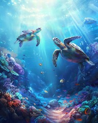 Create a stunning illustration of sea turtles swimming gracefully in a crystalclear ocean The scene should be vibrant and full of life