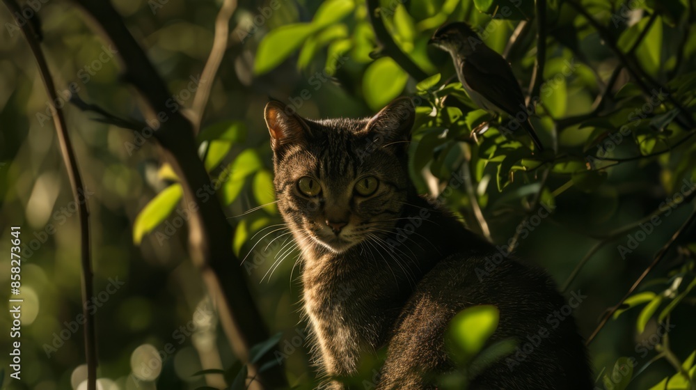 Poster a cat sitting in the shade of a tree with bird on branch, ai