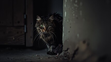 A cat with green eyes and a mouse in the corner, AI