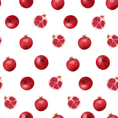 Seamless pattern with pomegranates. Hand drawn watercolor illustration on white background for print, wrapper, textile, fabric, packaging, design