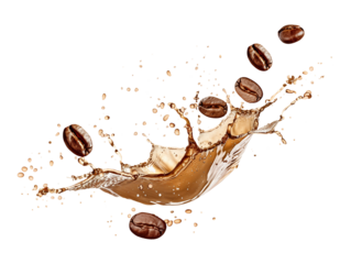 Coffee beans with splash isolated on transparent or white background, png

