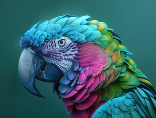 Fototapeta premium Vibrant parrot with a bright teal background, the birds feathers glowing with neon colors, intricate details capturing each plume