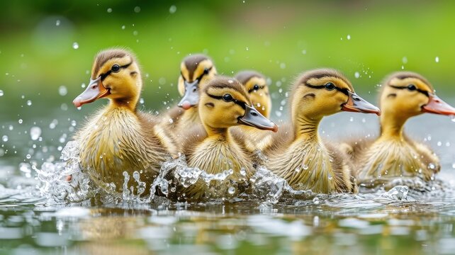 A group of adorable ducklings swimming together in clear water, making splashes as they move, surrounded by a vibrant green background.