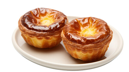 Fototapeta premium Delicious Portuguese Egg Tart Dessert Pasteis de Nata on Transparent Background. Traditional Bakery Snack with Crispy Crust and Creamy Custard. Perfect for Cafe Menu, Lisbon Food Tour.