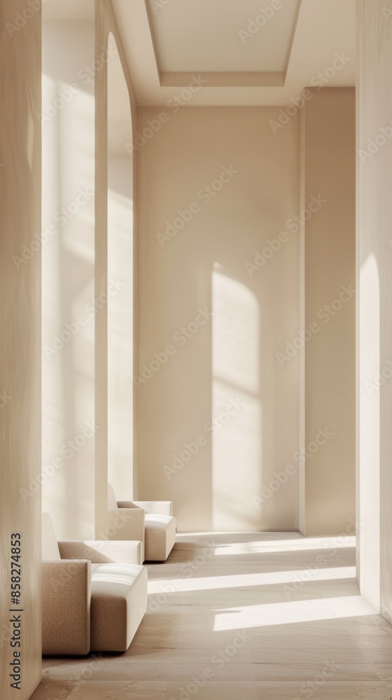 Aufkleber modern lounge area with soft armchairs featuring tall arched windows and a minimalist design. the su