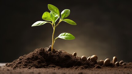 Growth Tree concept with coffee bean seedlings emerging from the earth, representing the cycle of life and the interconnectedness of all living things.