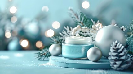 Christmas themed cosmetic cream presentation with ornaments on podium Close up with empty space