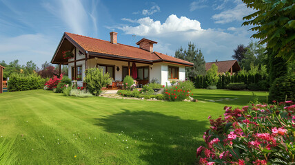 house with a well-maintained green lawn and blooming flowers,