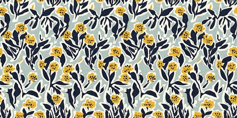 Modern printed fabric flower block print pattern with linen texture effect. Stylized boho dark floral for chic fashion background motif border design.
