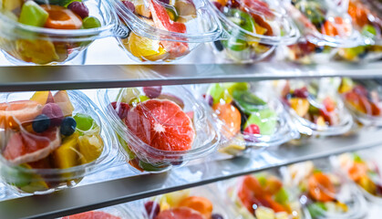 Boxes with pre-packaged fruit salads in a commercial fridge