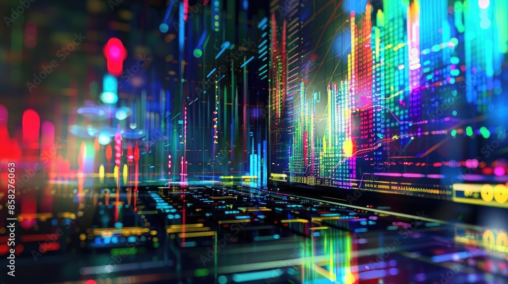 Poster abstract digital background with vibrant, colorful lines and grids representing data, technology, an