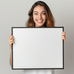 A young girl holds a white paper poster in front of her with an empty space.