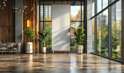 Fototapeta premium Spacious, blank banner designed on a mockup poster stand against inviting hall backdrop with large glass windows illustration images