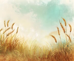 Illustration of a vintage-style illustration of a wheat field in muted pastel tones with subtle watercolor textures and a light blue sky background - 19MP created with AI