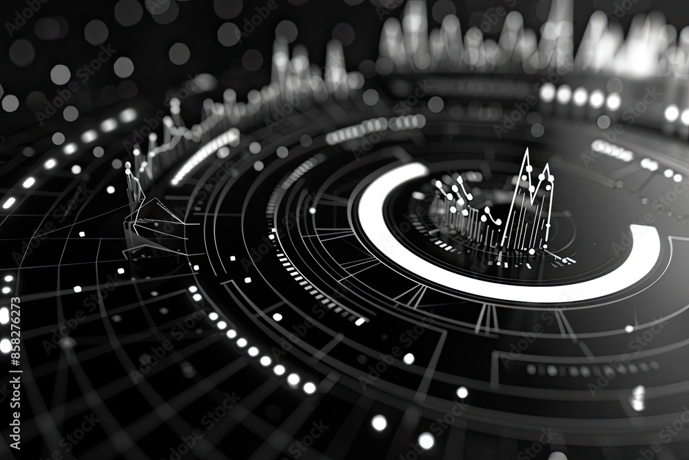Aufkleber Futuristic digital interface background with glowing LED lights and abstract graphical elements in a black and white theme.