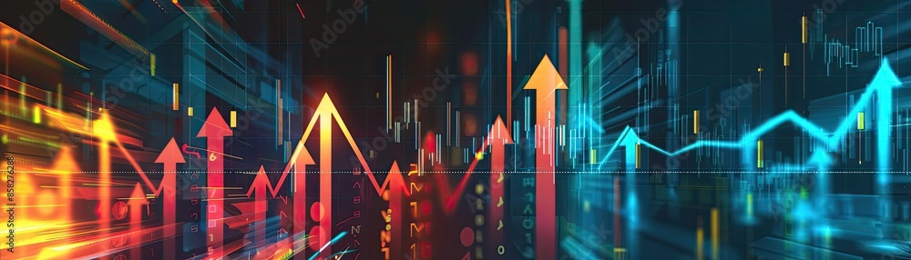Poster abstract financial data graph showing growth in stock market trends with colorful arrows and a futur