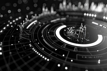 Futuristic digital interface background with glowing LED lights and abstract graphical elements in a black and white theme.