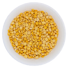 Yellow pea bean in a white plate. Isolated on transparent background. PNG format. Top view