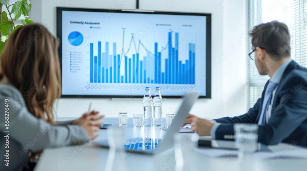 Poster business people are sitting at a table in front of a large monitor displaying graphs