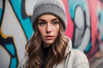 Girl wearing a gray beanie hat, beanie hat mockup, beanie hat template, winter hat, hat, beanie, 
