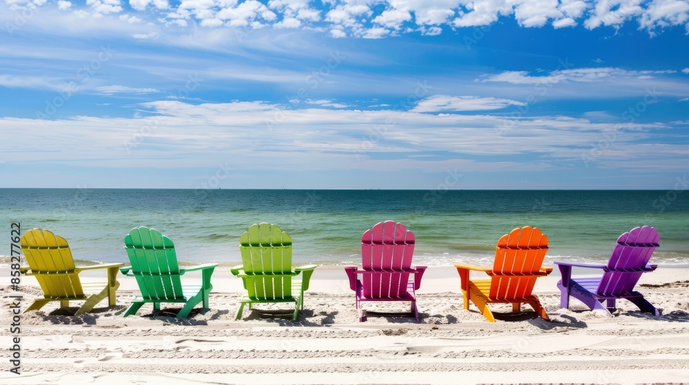 Poster a row of colorful beach chairs are lined up on the beach. generate ai image