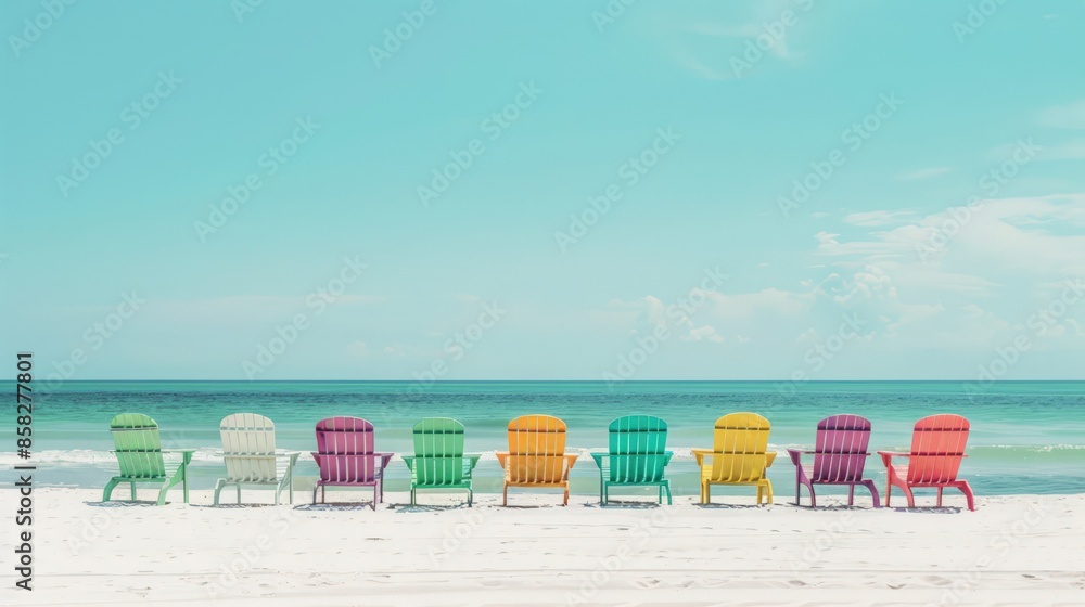 Poster a row of colorful beach chairs are lined up on the beach. generate ai image