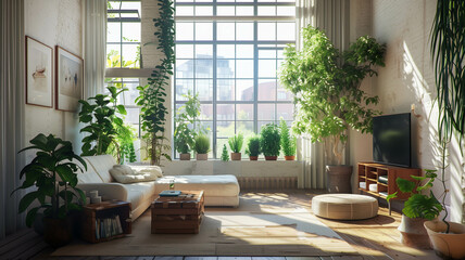 living space in a beautiful apartment with contemporary furniture, indoor plants, and large windows,