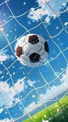 Soccer Ball in a goal. soccer ball on green grass in the center of a stadium