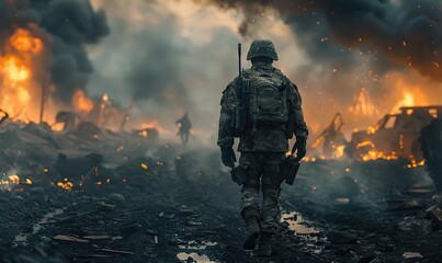 A lone warrior traverses a war-ravaged landscape, a somber testament to the devastation of conflict. illustration images