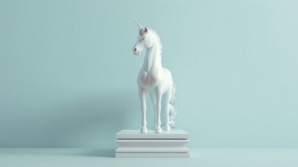 Obraz premium White unicorn statue on a pedestal against a light blue background.