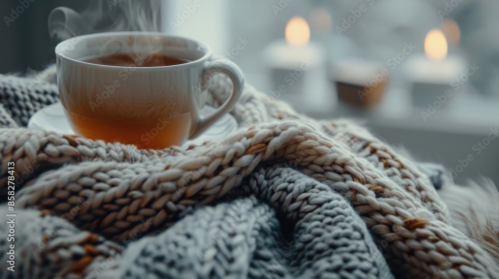 Wall mural Tea enjoyment in chilly weather with cozy scarves