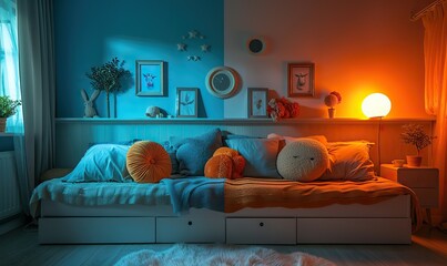 Visual comparison of bedroom renovations over time, showcasing day and night transitions or home switching concepts in a panoramic banner. illustration images
