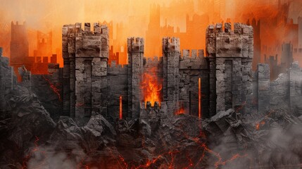Obraz premium A crumbling castle stands amidst fiery destruction, smoke billowing in the air.