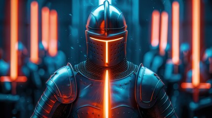 A futuristic knight stands in glowing armor, holding a neon sword. A line of knights stands behind him.