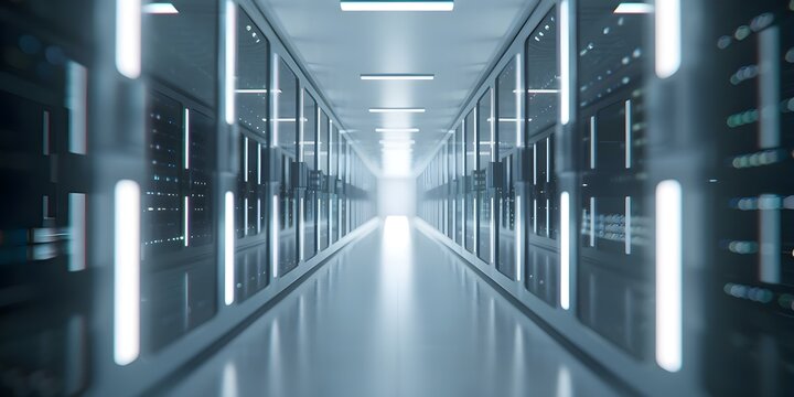 An AI data center processes future possibilities with computational prowess in digital realm. Concept AI Technology, Data Processing, Future Possibilities, Computational Power, Digital Realm