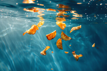 Orange leaves gracefully sink underwater, creating a serene ambiance with gentle sunlight filtering through the water's surface.